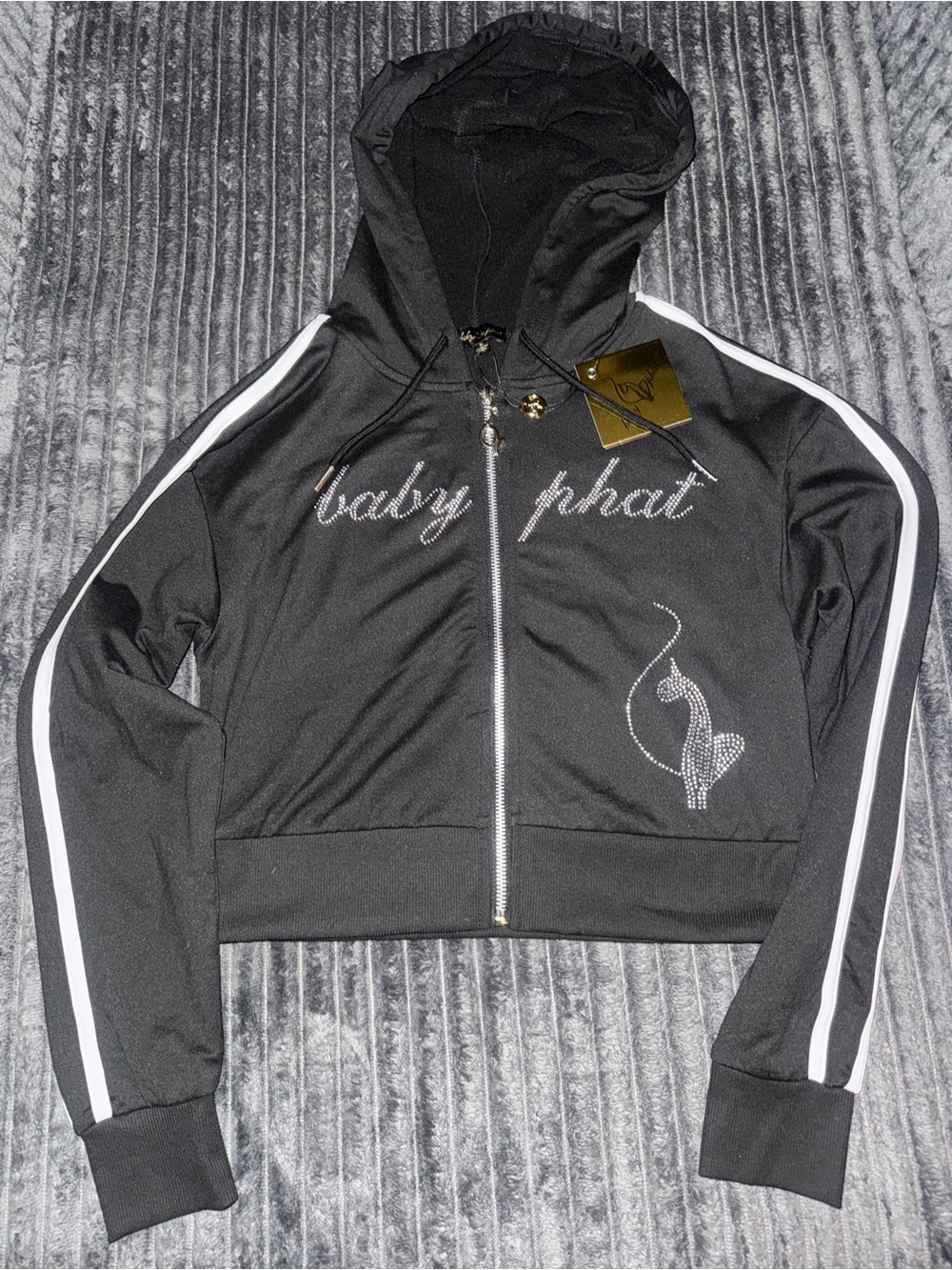 y2k Baby Phat Black Rhinestone Zip Hoodie Jacket with White Stripes